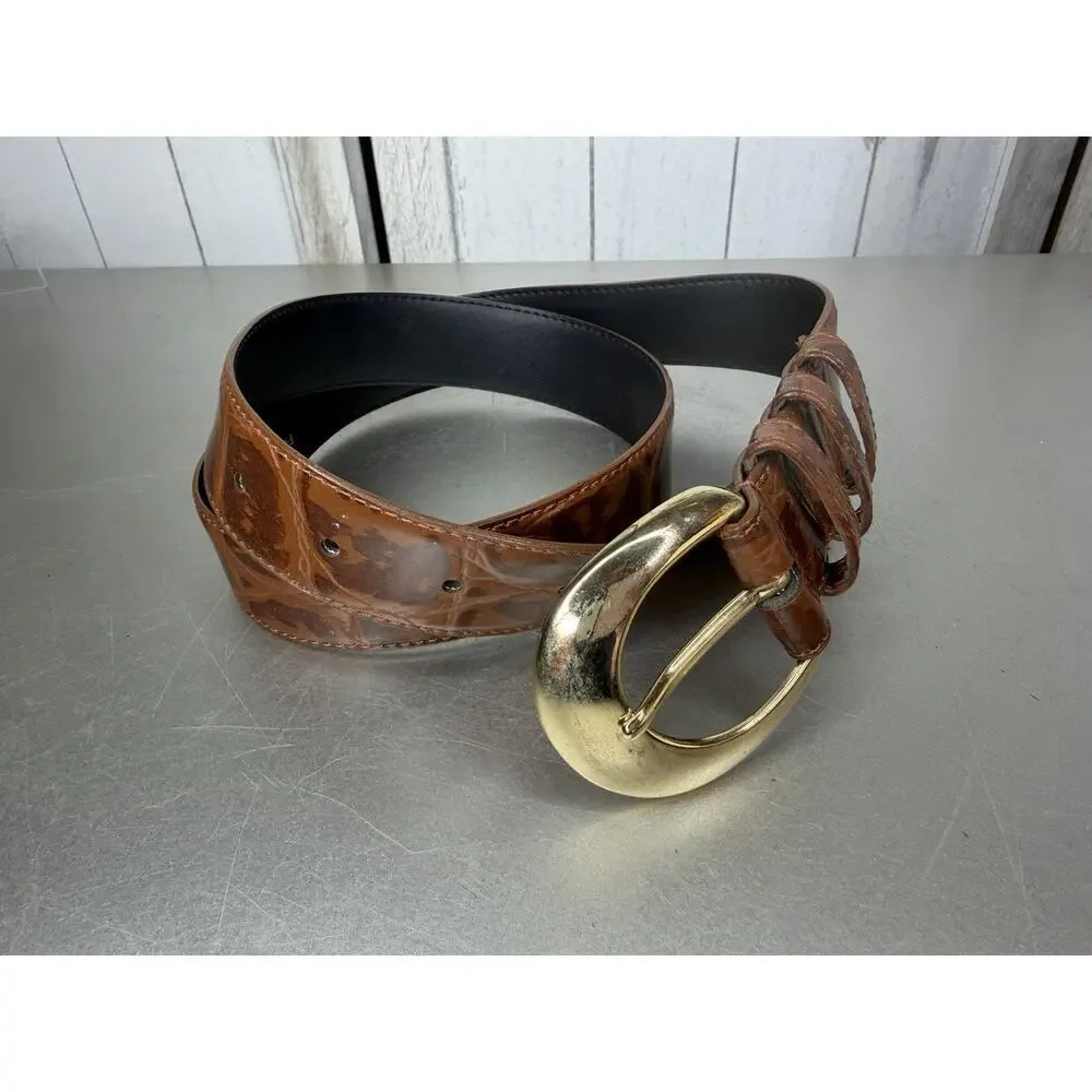 Vintage Gitano Belt Faux Leather Snake Croco Brown Belt Gold Buckle M/L